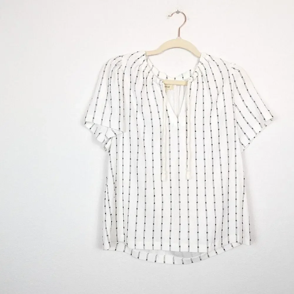 Madewell Bright Ivory Dotted Stripe Tie Neck Lightweight Tunic Top
